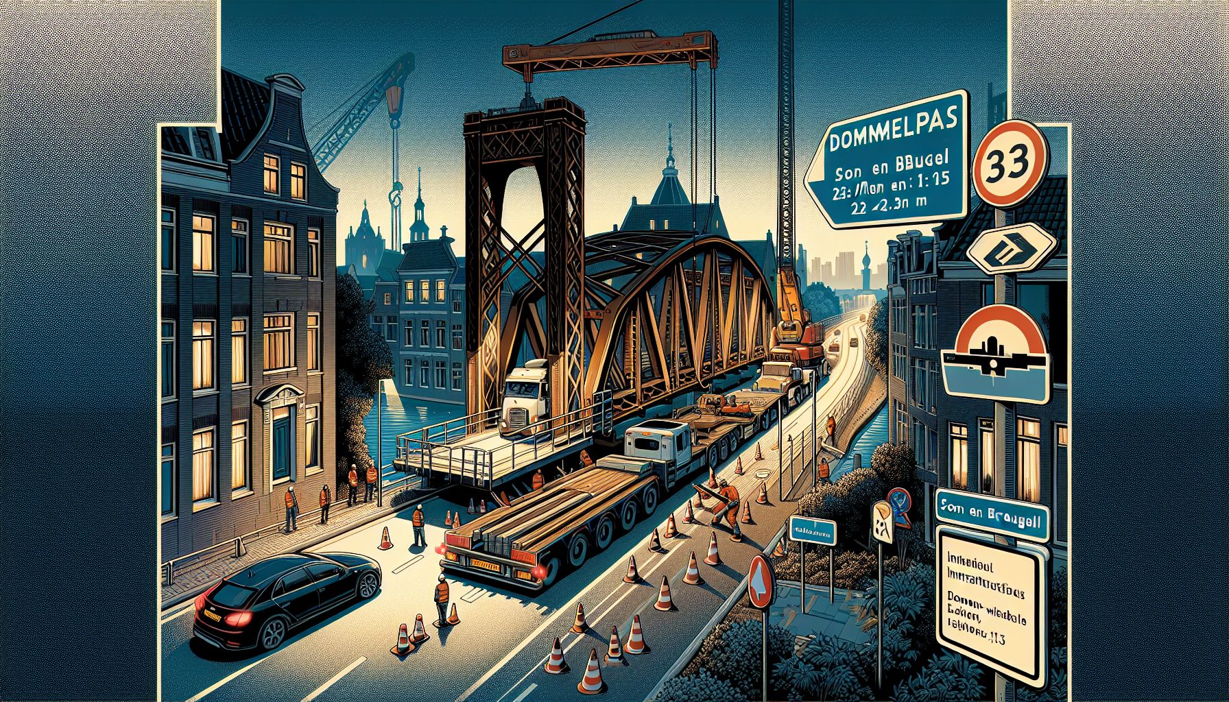 Nieuwe Dommelpasbrug in een nacht geïnstalleerd