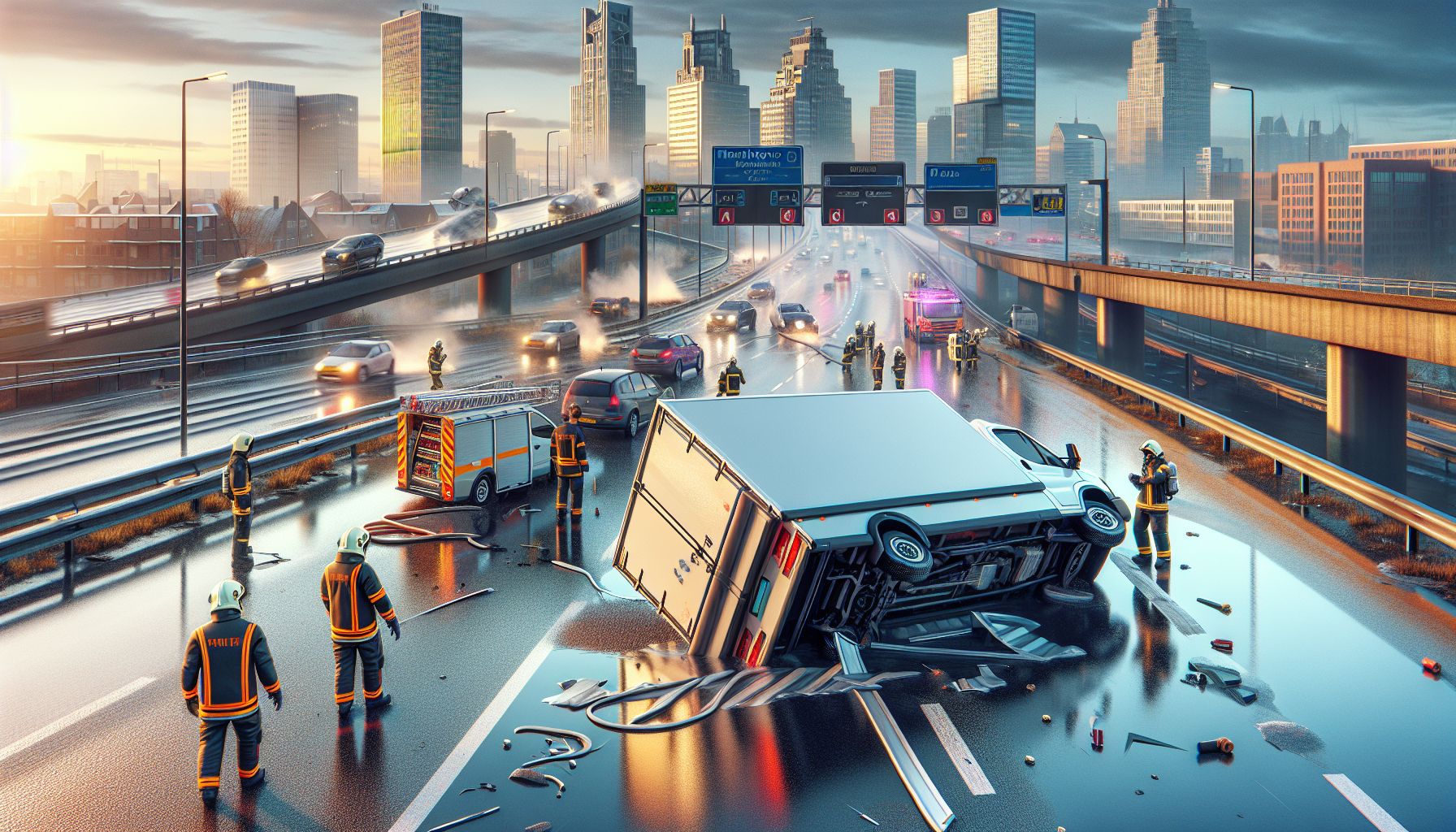 Bestelbus kantelt op A2 bij Eindhoven door gladheid